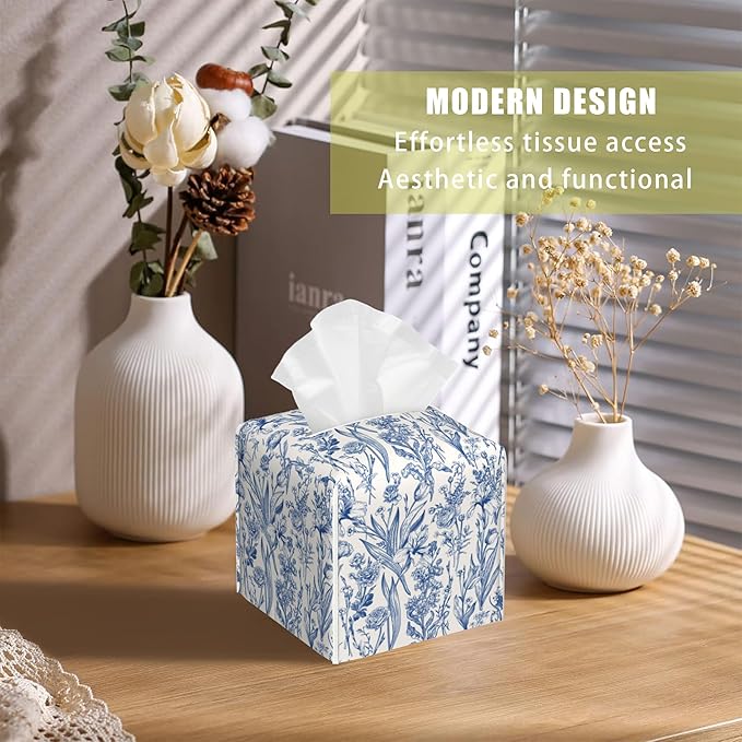 Vintage Floral Leather Tissue Box Holder Blue Flowers Tissue Box Cover Facial Paper Case Organizer Cube Napkin Dispenser for Bathroom Vanity Countertop Night Stand Office Car