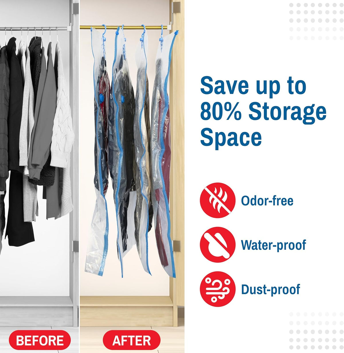 Hanging Vacuum Storage Bags for Clothes & Coats – 8 Pack (4 Small & 4 Large) Vacuum Seal Garment Bags for Hanging Storage – Space Saving Compression Bags for Clothing, Jackets – Transparent