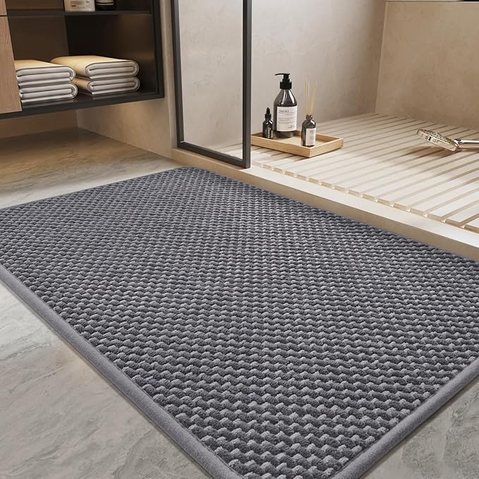 PADOOR-Bath Mat-Super Absorbent Chenille Bathroom Mats-Rubber Backed Bath Mats for Bathroom Non Slip, Easy Clean Bathroom Rugs Front of Bathtub,Shower Room,Sink-17×28, Grey&Darkgrey