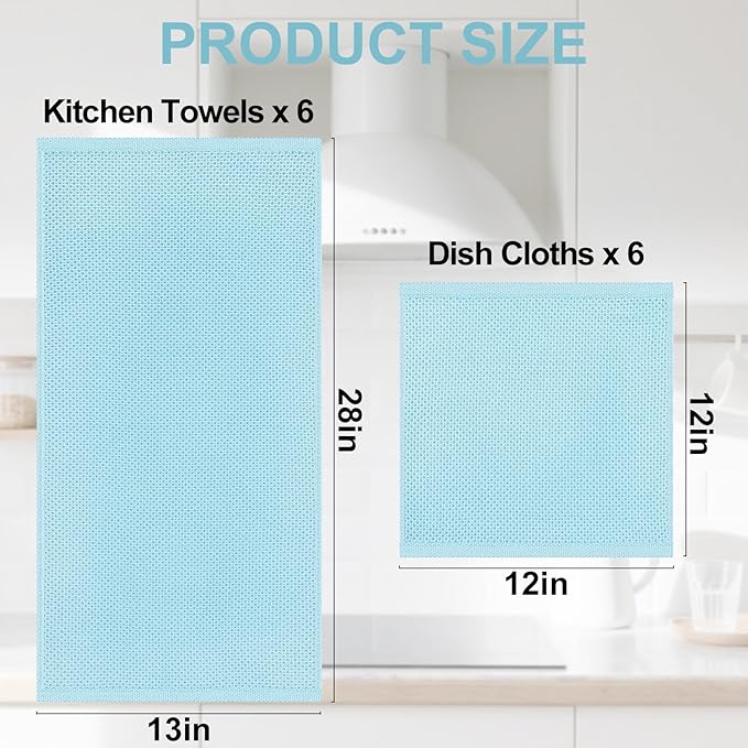 Homaxy 100% Cotton Kitchen Towels and Dishcloths Set, 12 x 12 Inches and 13 x 28 Inches, Set of 12 Bulk Kitchen Towels Set, Ultra Soft Absorbent Dish Cloths for Washing Dishes, Sky Blue