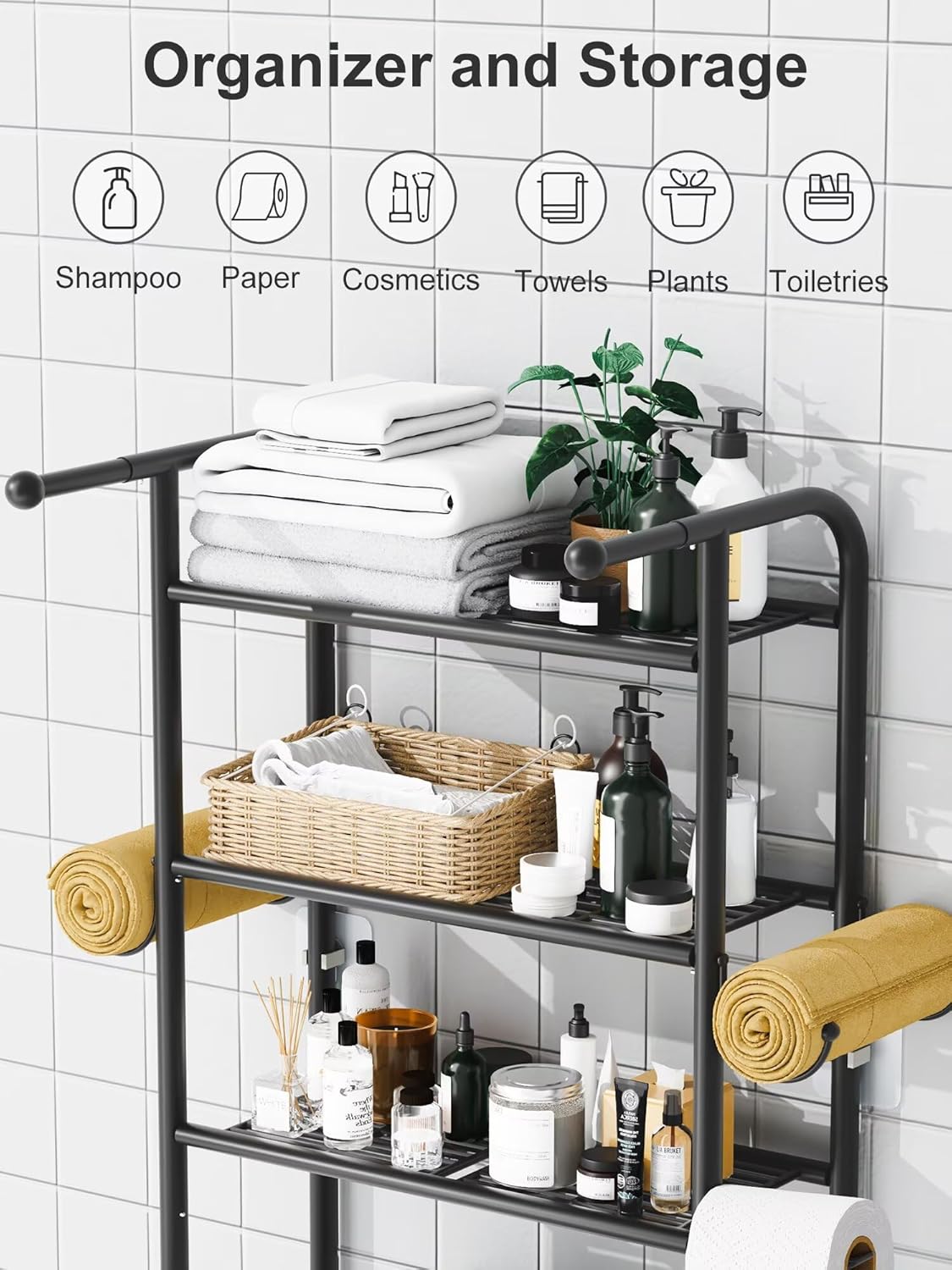 3-Tier Over The Toilet Storage Shelf，Bathroom Organizers and Storage Over Toilet，Metal Bathroom Space Saver with 2 Bars，1 Paper Holder and 4 Hooks,Black