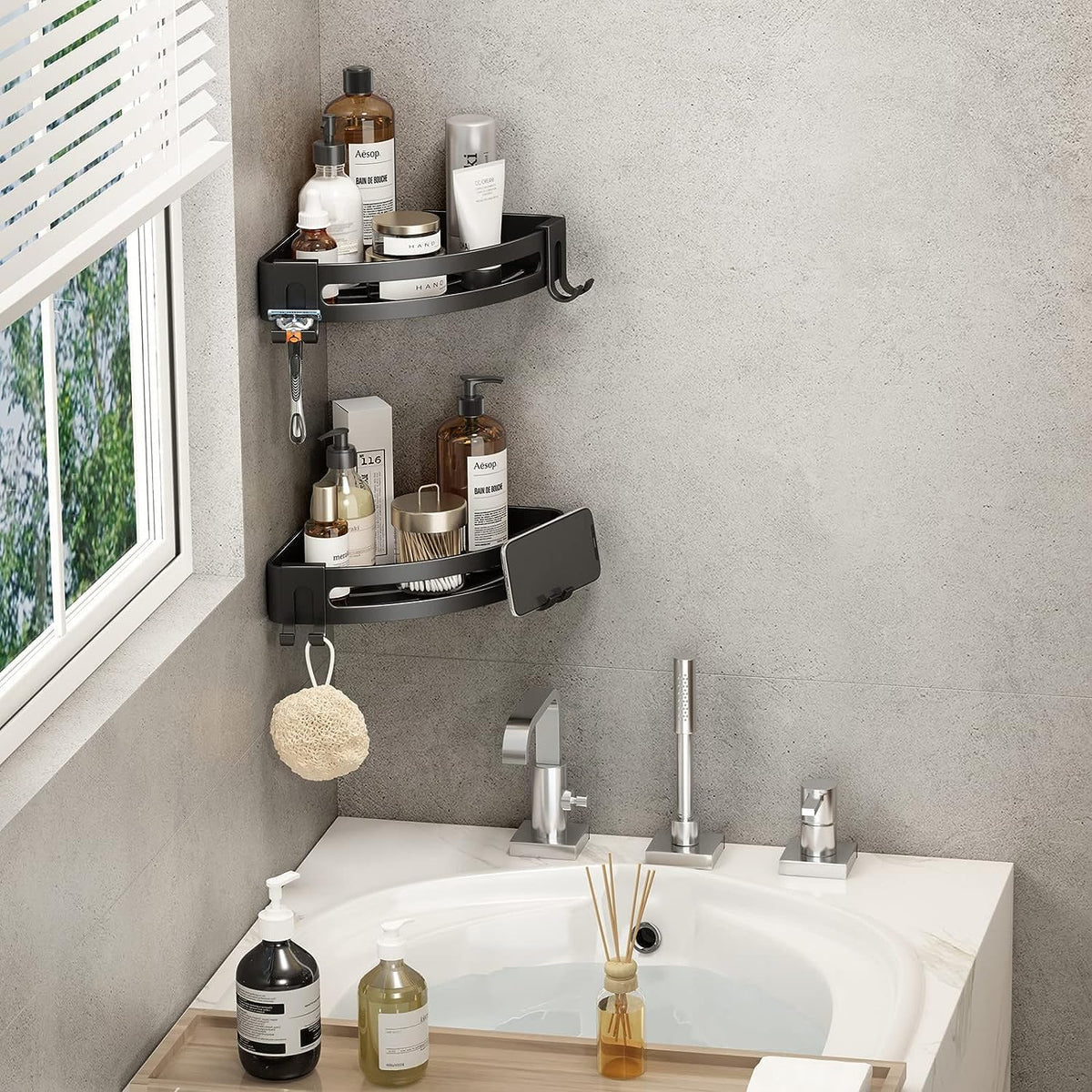 VOLPONE 3-Pack Black Triangle Shower Caddy, 3-Tier Corner Shelves, Rustproof Shower Storage Rack, Drill Free Wall Mount Shower Organizer, 40lbs Load Capacity