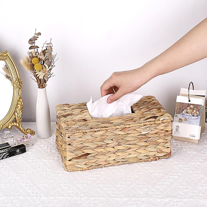 Sumnacon Tissue Box Cover Water Hyacinth Tissue Box Rectangular Tissue Holder Woven Tissue Cover Wicker Tissue Box Holder for Bathroom Toilet Table Desk Home Office Car