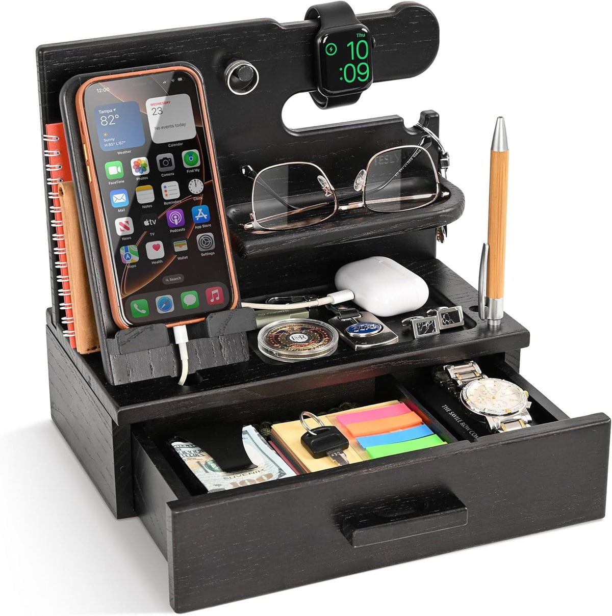 TESLYAR Wood Phone Docking Station with Drawer - Nightstand Organizer - Desk Organizer for Husband - Birthday Gifts for Men, Dad, Anniversary Idea, Key Holder Stand Watch & Accessories (Fumed Black)