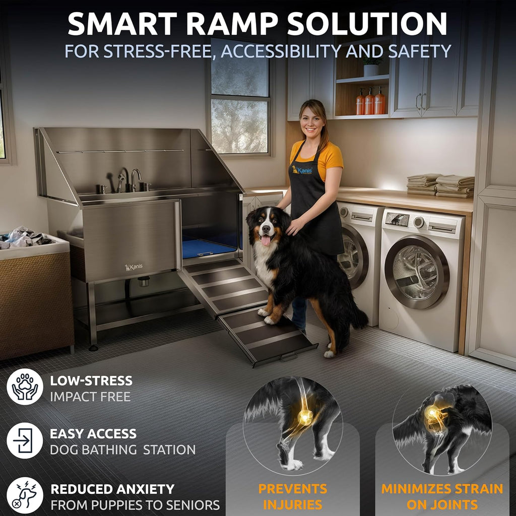 KANIS Professional Dog Washing Station - 304 Stainless Steel Pet Wash Sink & Grooming Bathtub w/Shower, Floor Grates and Storage for Large, Medium & Small Pets (50", Shelf - Right Ramp)
