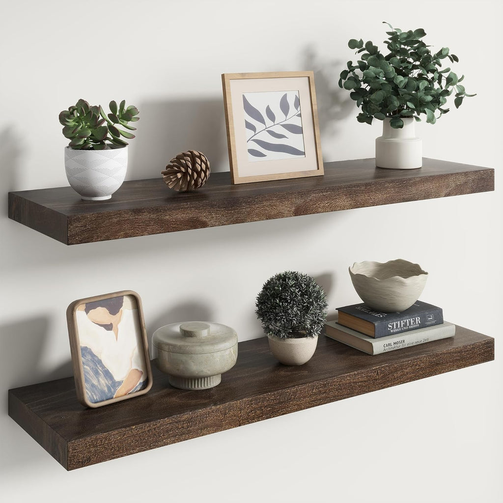 RICHFOCUS Elm Floating Shelves for Wall - 36" W x 9.3" D Rustic Solid Wood Shelves with Invisible Bracket, Wall-Mounted for Living Room, Bedroom, Kitchen Storage & Display, Set of 2, Walnut