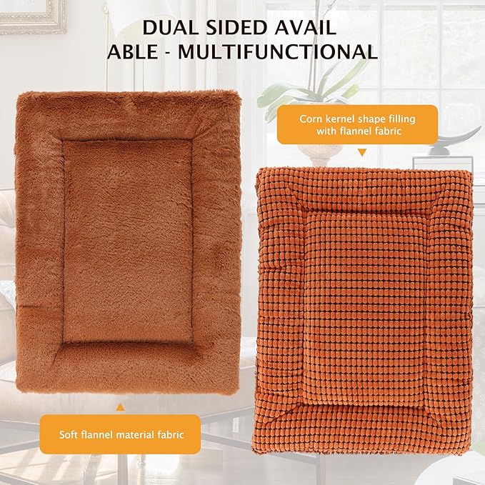 Vetasac Reversible Dog Bed Mat with Plush and Corn Velvet,Soft Warm Pet Cushion, Dual Purpose Washable Sleeping Mattress Bed for Small Medium Large Dog and Cat XB004 (30"x20", Orange)