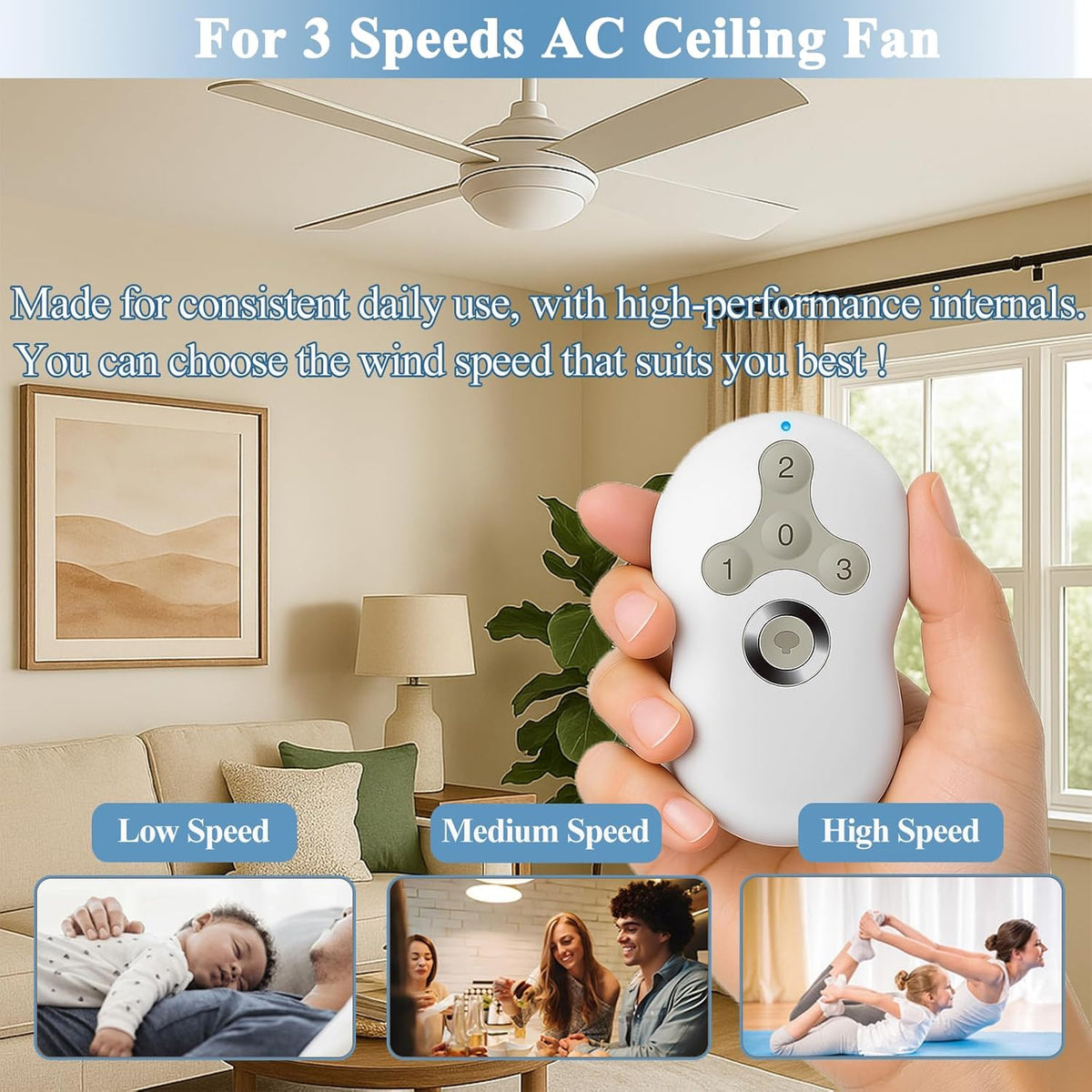 Ceiling Fan Remote Control Replacement for Hunter, Compatible with Hunter Remote 99122/99123, 3 Speed, Light Dimmer, 434MHz, Easy to Set with Mount Holder, Remote only - Receiver Not Included