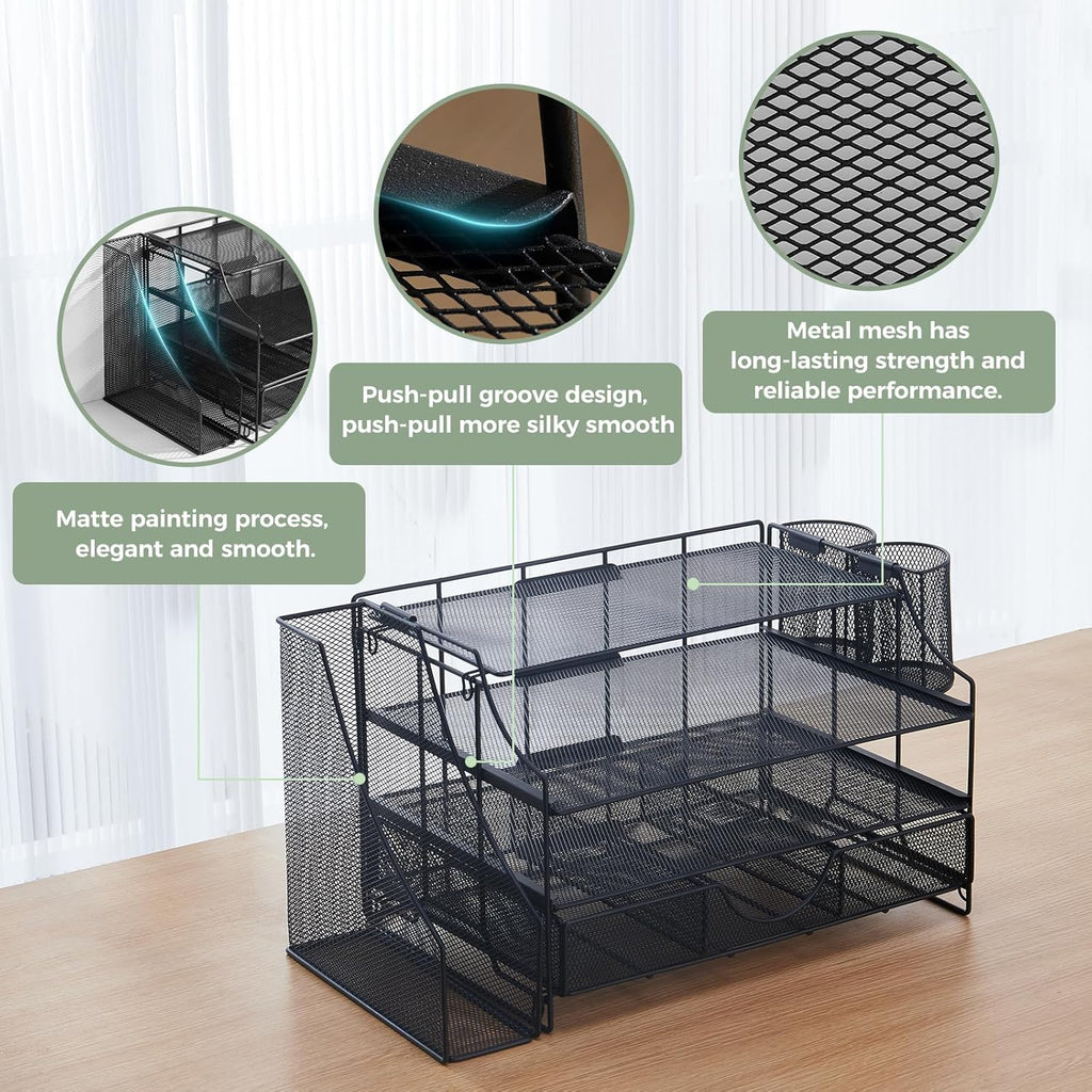Desk Organizers and Accessories, 4 Tier Paper Letter Tray Organizer Holder Desk Organization with Drawer, Mesh Desktop Organizer with Vertical File Holder Workspace Accessories for Office Supplies