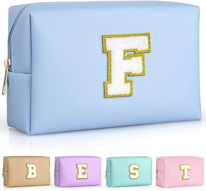 TOPEAST Preppy Makeup Bag, Small Cosmetic Travel Bags for Women, PU Leather Waterproof Toiletry Bag with Zipper, Personalized Birthday Gift for Women Girl, Preppy Gifts for Girl (Sky Blue F)