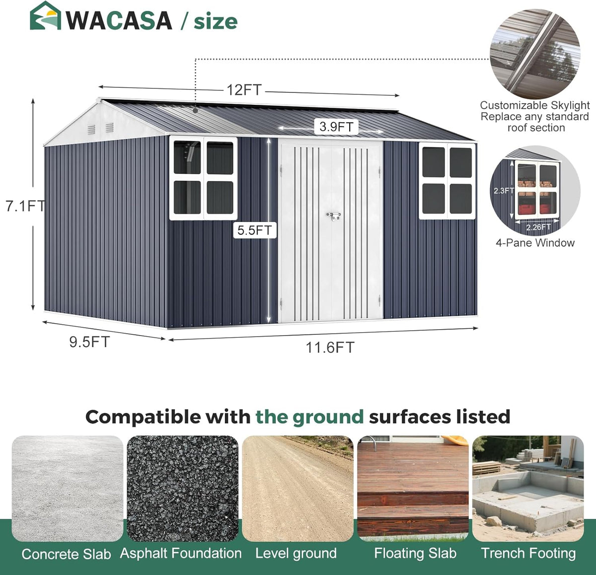 Metal shed 12x10 FT with Floor Kit, Outdoor Storage, Heavy-Duty Garden Sheds with Customizable Skylight & Reinforced Steel Frame, Weatherproof Galvanized Tool Tiny House for Backyard, Patio, and Lawn