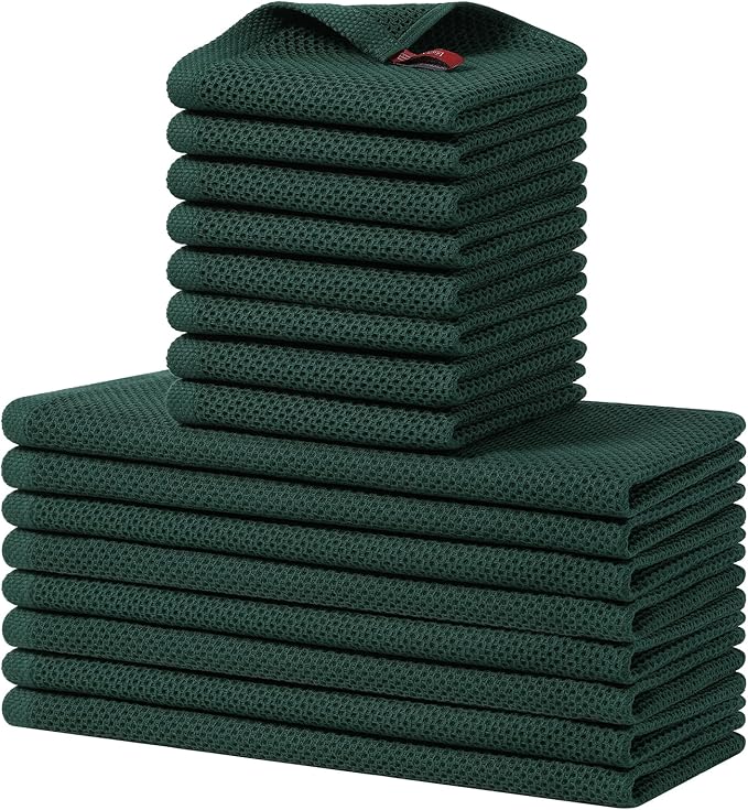 Homaxy 100% Cotton Kitchen Towels and Dishcloths Set, 12 x 12 Inches and 13 x 28 Inches, Set of 16 Bulk Kitchen Towels Set, Ultra Soft Absorbent Dish Cloths for Washing Dishes, Blackish Green