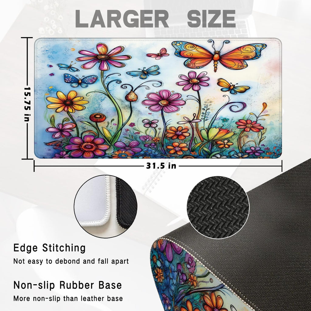 Vintage Hippie Floral Butterfly Large Mouse Pad 31.5x15.7inch, Retro Hippy Flower Butterfly Large Extended Computer Desk Mat Mousepad for Keyboard and Mouse, Flora Desk Accessories