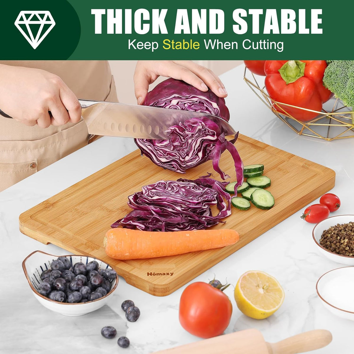 Homaxy Organic Bamboo Cutting Boards for Kitchen, 15"x10" Wooden Medium Cutting Board with Juice Groove and Handles, Charcuterie Butcher Block Wood Serving & Chopping Board - Pre Oiled