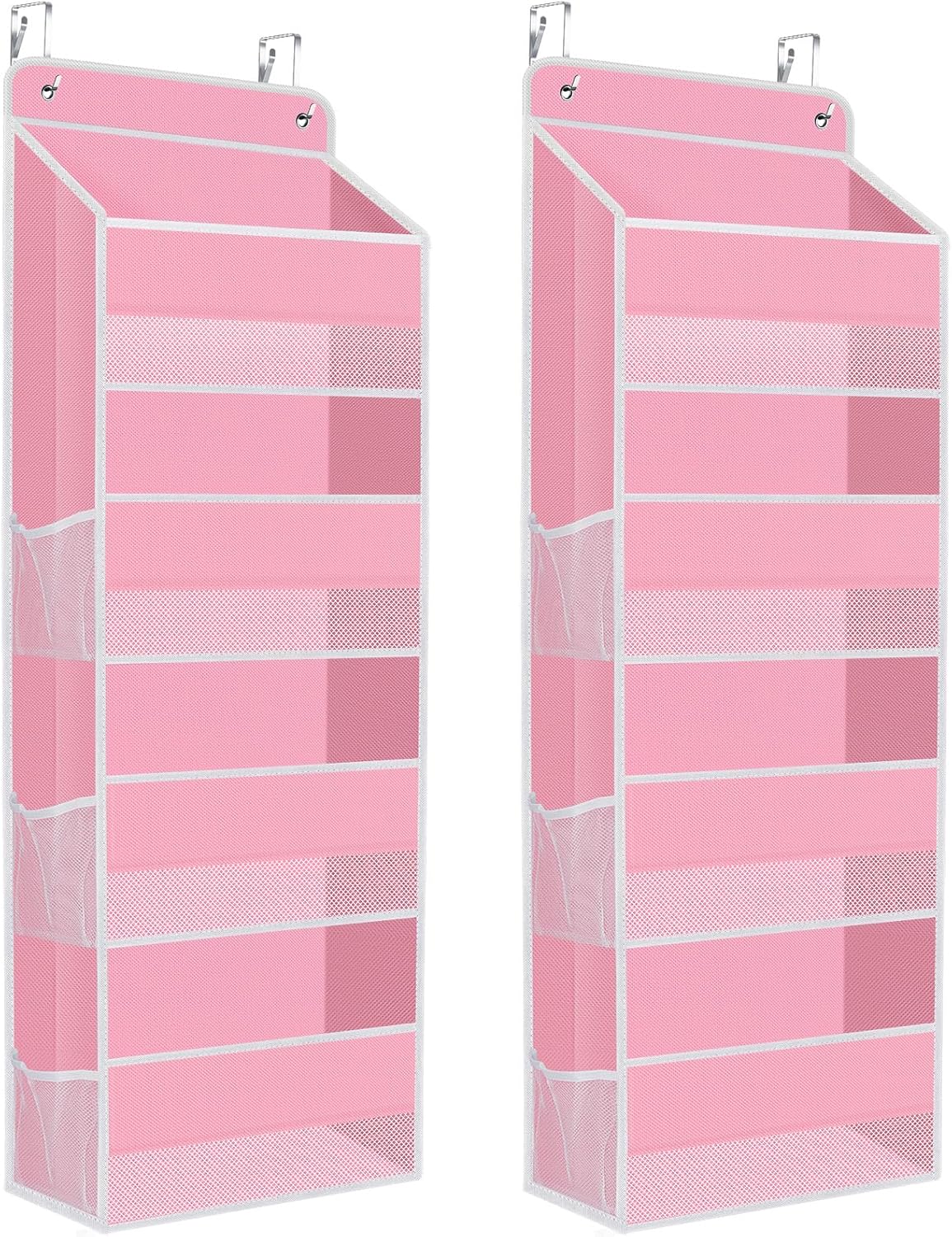 2 Pack Over The Door Organizer Hanging Storage Organizers with Clear Window 40lb Large Capacity Room Organizer for Pantry Laundry Bathroom Nursery Closet(Pink)
