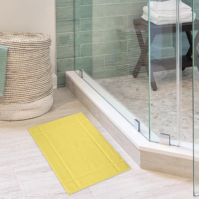 Ample Decor 100% Cotton Bath Mats 24 x 17 Inches, Quick Dry, 1350 GSM Banded Border Shower Bathroom Floor Mat, Not Bathroom Rug - Yellow, 2 Pack