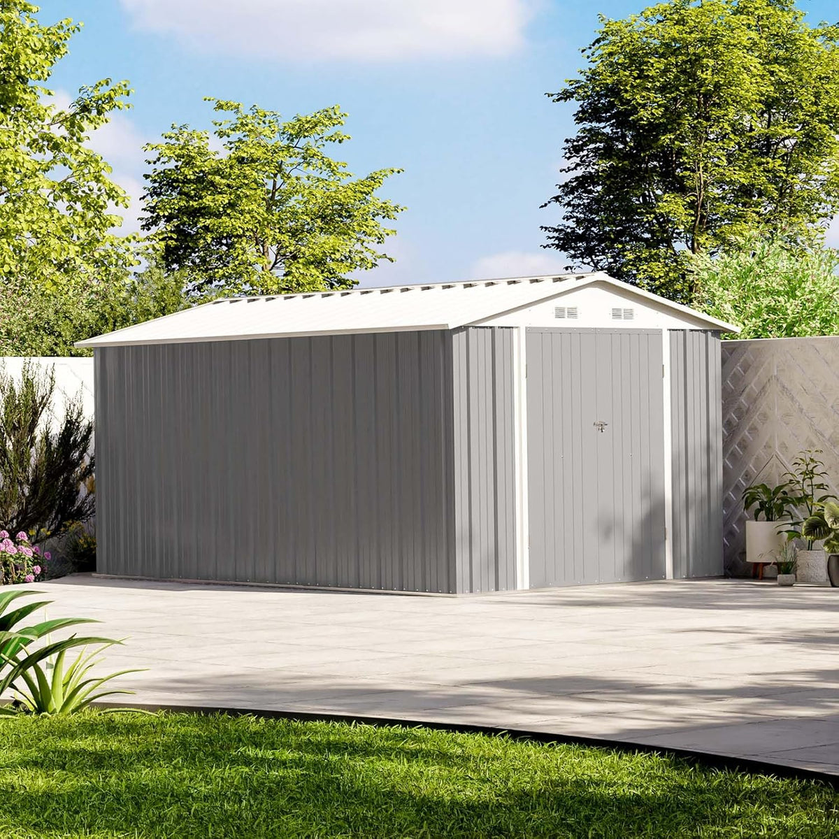 Patiowell 12 x 8 FT Outdoor Storage Shed, Steel Shed Storage House with Design of Lockable Doors, Utility and Tool Storage for Garden, Patio, Backyard, Outside use, Gray