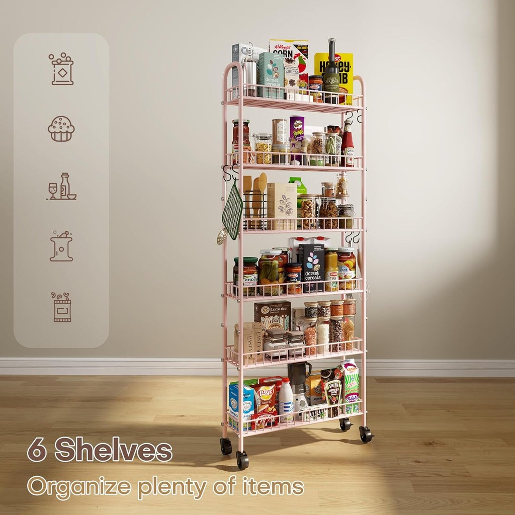 6 Tier Slim Rolling Storage Cart with Wheels, Metal Mobile Shelving Unit Organizer Utility Cart for Office Bathroom Kitchen Laundry Room Narrow Places (Pink 6 Inches)