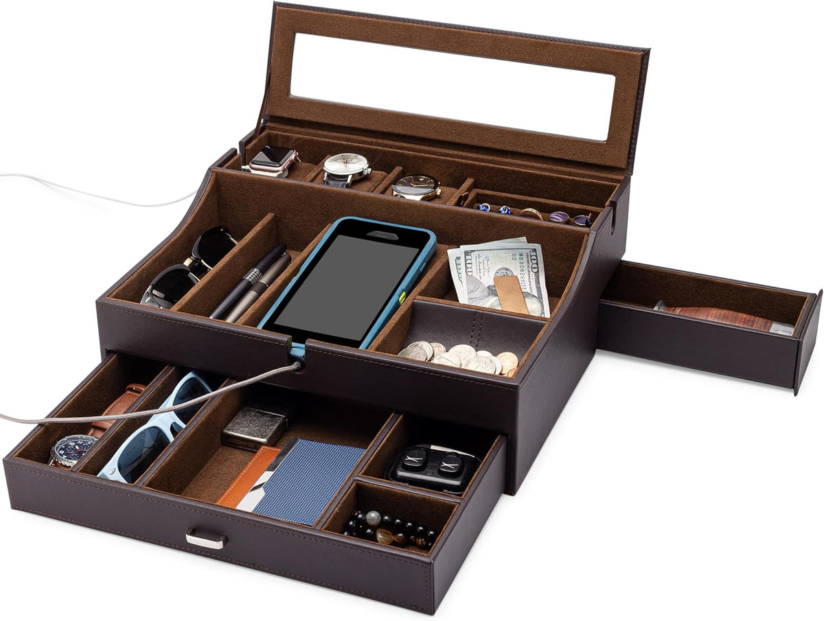 Mens Valet Box Organizer, Large Leather Valet Tray for Men, Mens Valet Tray Organizer with Charging Station, Mens Jewelry Box Organizer for EDC Valet Mens Accessories, Nightstand Bedside Dresser Top