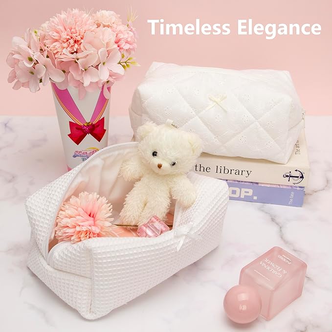 PAZIMIIK 6PCS Cozy Makeup Bag SET Travel Cosmetic Bag for Women Soft Toiletry Bag Aesthetic Makeup Organizer Portable Large Zipper Pouch for Skincare Beauty Accessories Brushes Waffle Check White