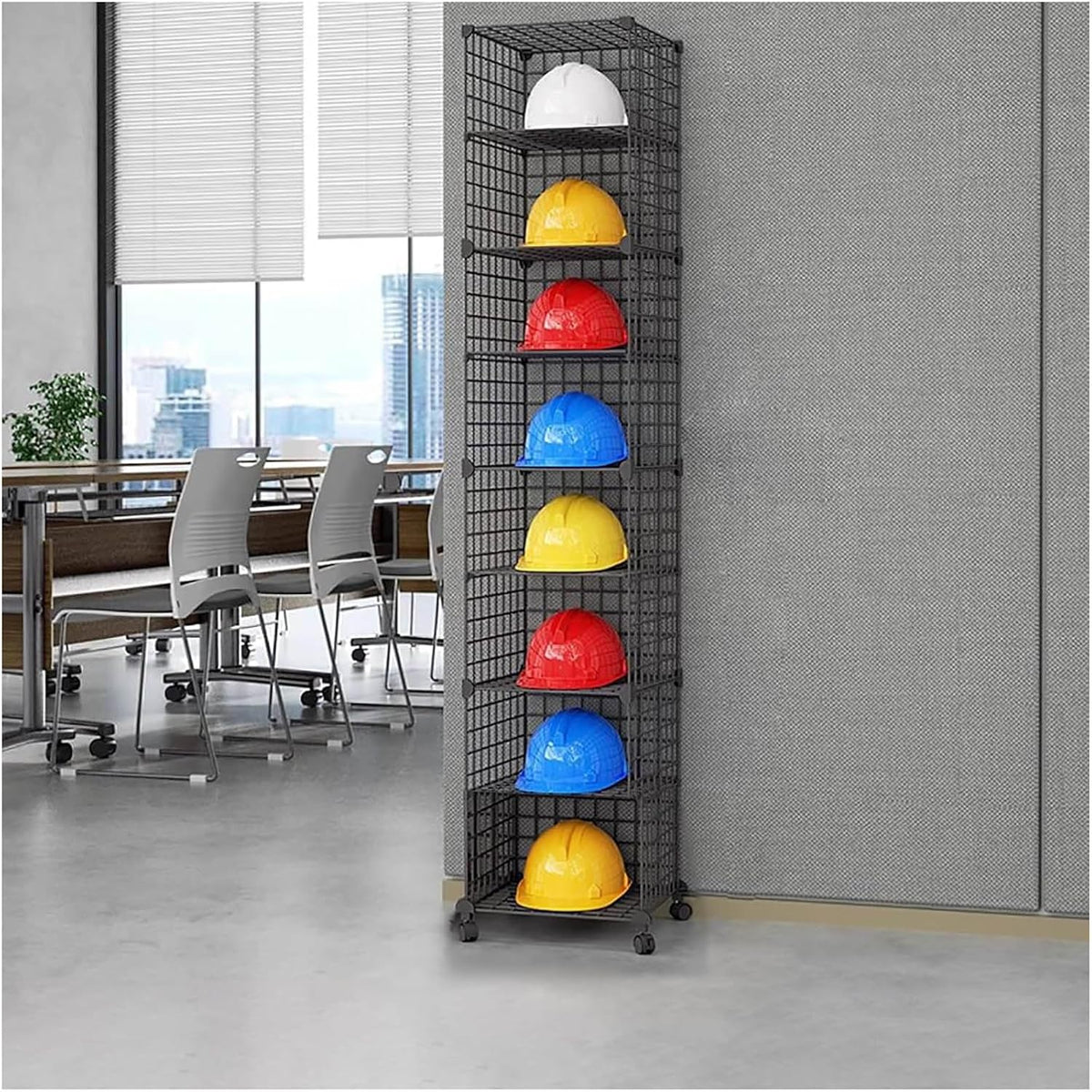 Stackable Safety Helmet Storage Boxes, Large Adjustable Hard Hat Placement Organizer Rack,with Wheels,for Construction Site/Garage/Workshop/Factory Helmet Display Shelf (Black, 8 Grids-1 * 8)