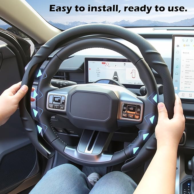 Leather Steering Wheel Cover – 14.5-15 in Universal Black, Perforated Breathable Grip, Anti-Slip Sport Ridge Pattern, Odor-Free Car Interior Upgrade for Cars Trucks SUVs