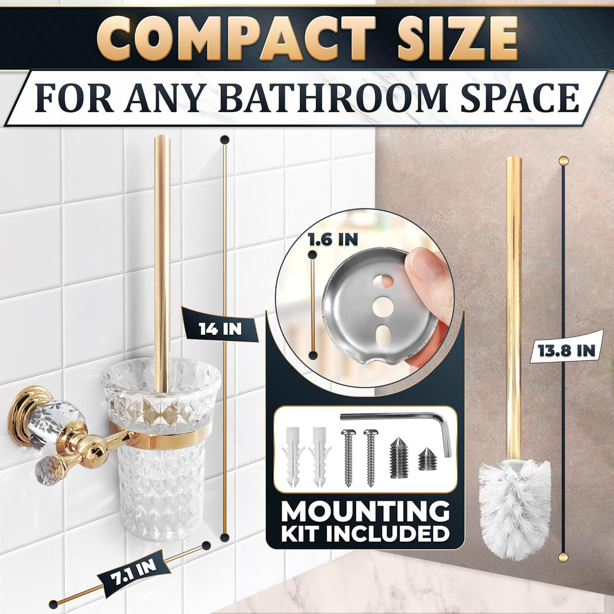 Gold Stainless Steel Toilet Brush with Crystal Toilet Brush Holder Set – Wall Mounted Holder, Replaceable Head, Decorative Space-Saving Design Bathroom Toilet Accessory Elegant Toilet Bowl Cleaner Set