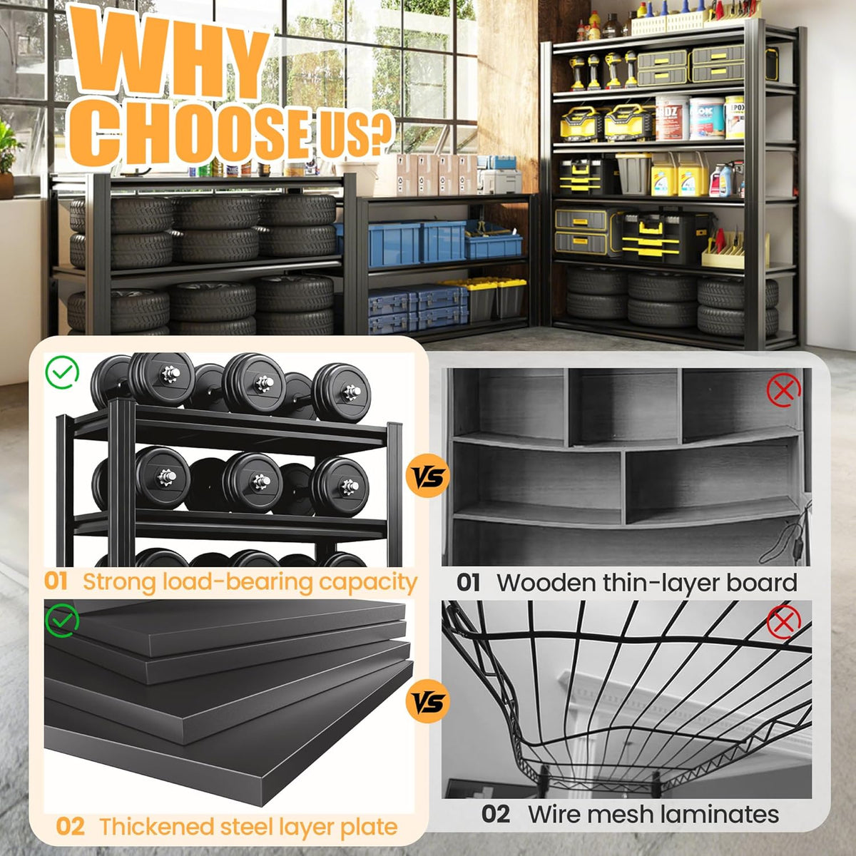 63" H Garage Shelving, Heavy Duty Storage Shelves, Garage Storage Shelves, Adjustable 5 Tier Metal Shelving Unit, Utility Shelves for Warehouse Backyard, 63" H×31.5" W×16" D