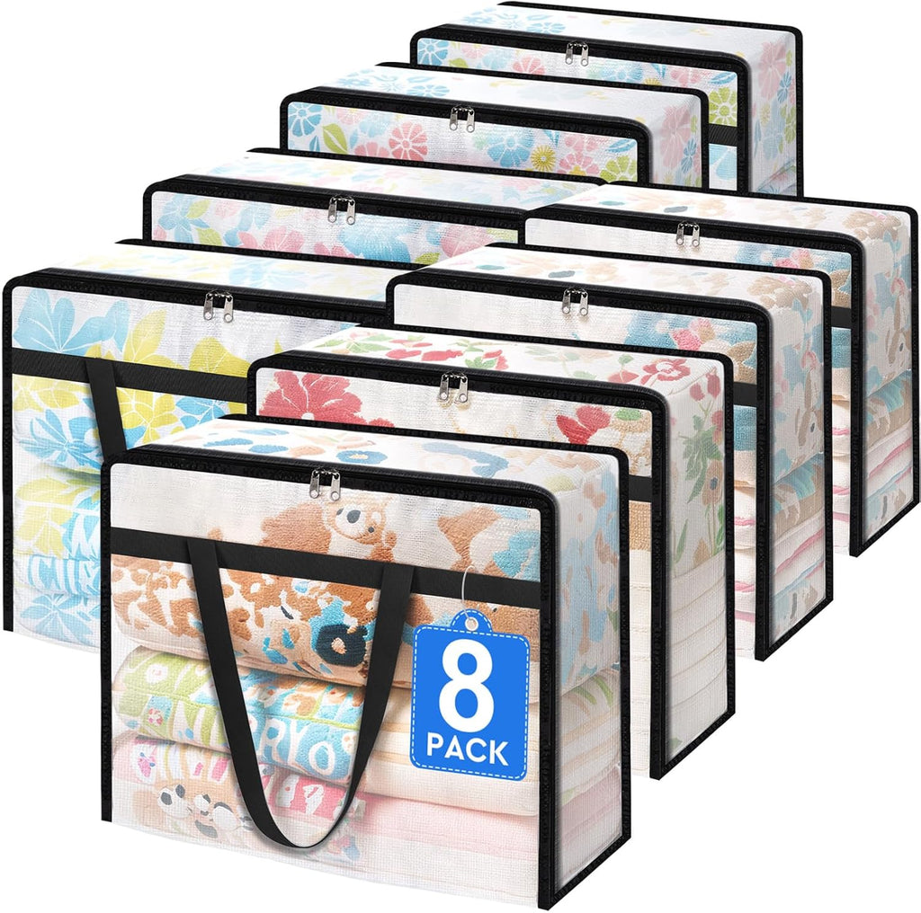 8 Pack Clear Storage Bags for Comforter, Clothes & Bedding, Plastic Blanket Storage with Zipper and Handle, Moving Bags, Closet Organizer and Under-Bed Storage (40L)