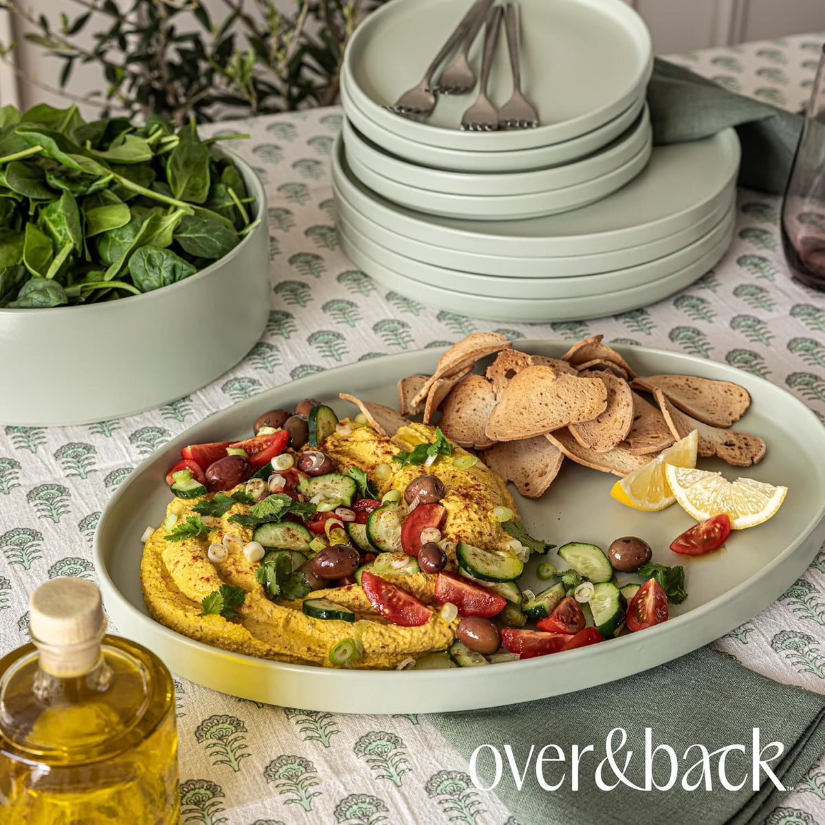 over&back Stackable Stoneware Serving Platter - Elegant 1-Piece Oval Serving Platter to Complete Your Kitchen Set - Perfect for Appetizers, Desserts, and More - 16" L x 11" W - Semi-Matte Sage
