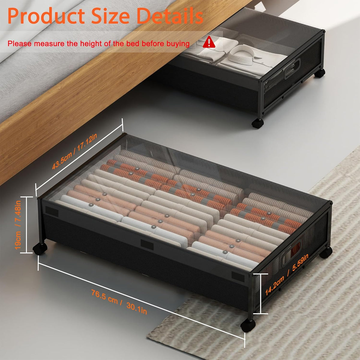 QUELIEN Under Bed Storage with Wheels – Large Rolling Underbed Storage Containers and Drawers, Shoe Organizer Box for Clothes, Toys, Blankets (Black, 1 Pack)