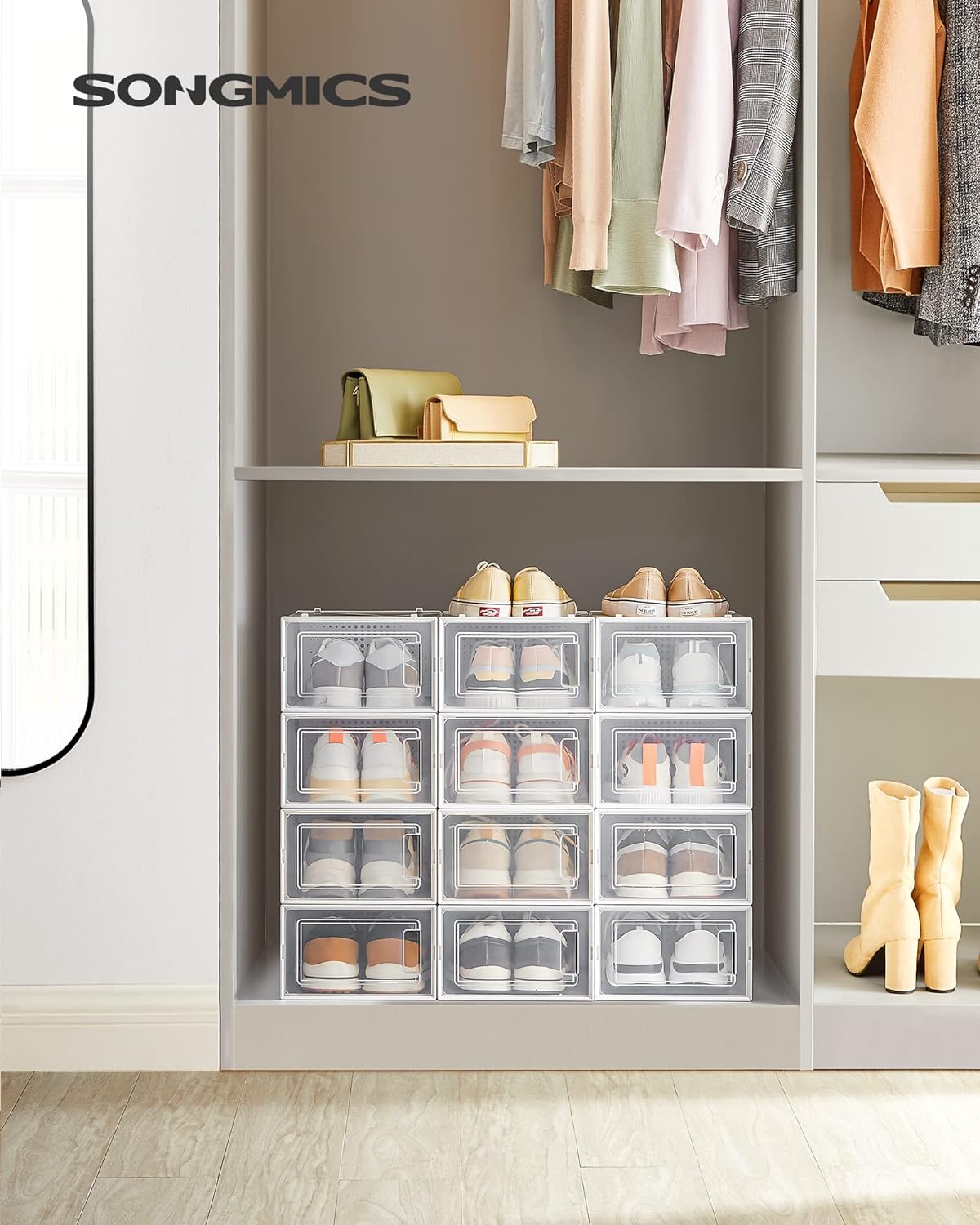 SONGMICS Shoe Boxes, Pack of 12 Shoe Storage Organizers, Stackable Clear Plastic Boxes for Closet, Sneakers, 13.1 x 9.1 x 5.6 Inches, Transparent and White ULSP12SWT