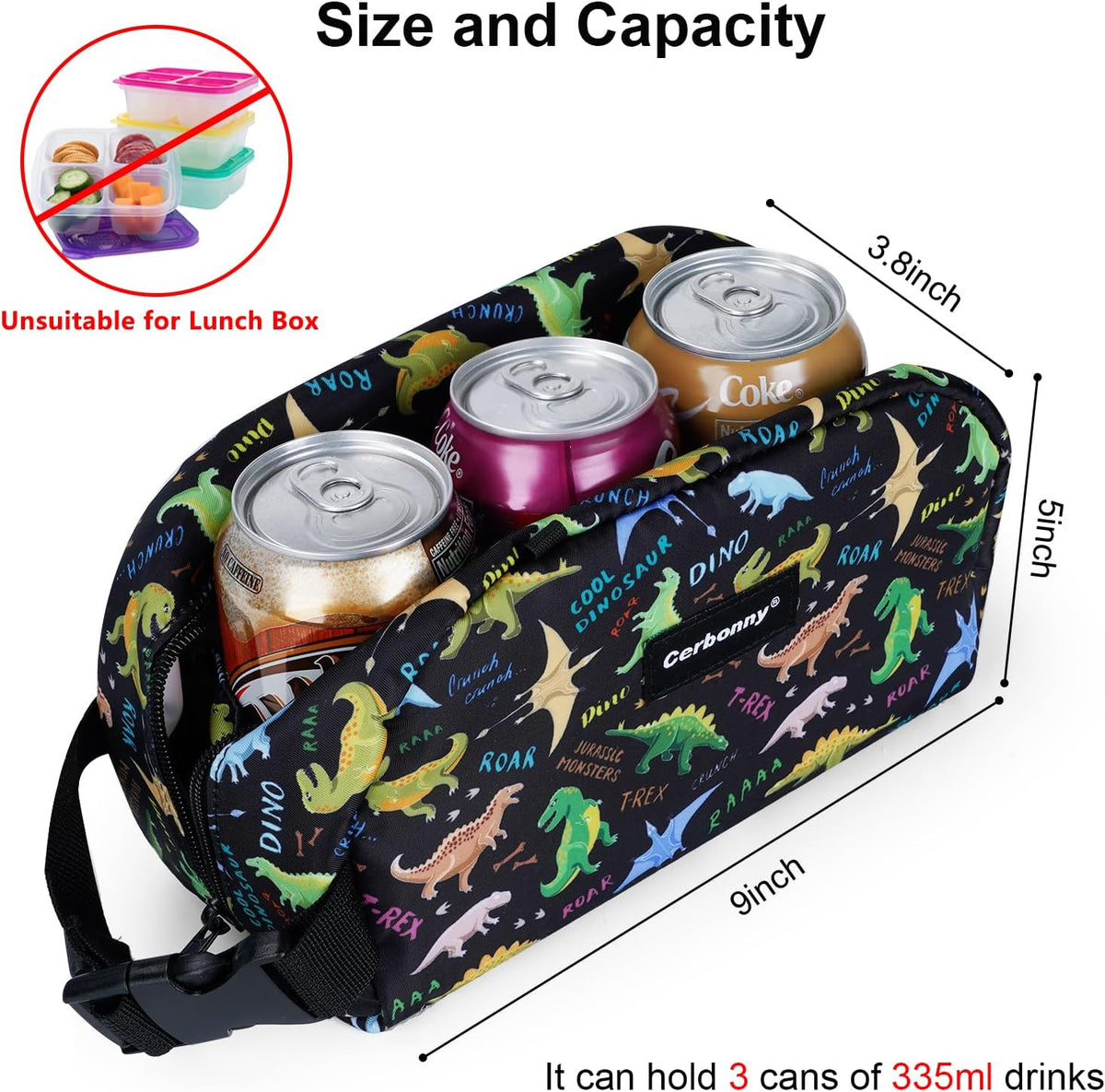 Cerbonny Freezable Cooler Bag for Work/School Travel - Mini Insulated Bag Fit For Yogurt, Suit for 3+(Black Dinosaur)