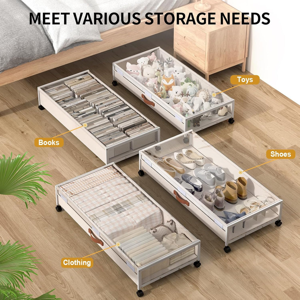 Under Bed Storage with Wheels, XXXL Larger Under Bed Storage Containers with Clear Lids, 36'' Lengthen Under Bed Shoe Organizer for Shoes Clothes(White 2 Pack, XXXL(36"x16.6"x7.48"))