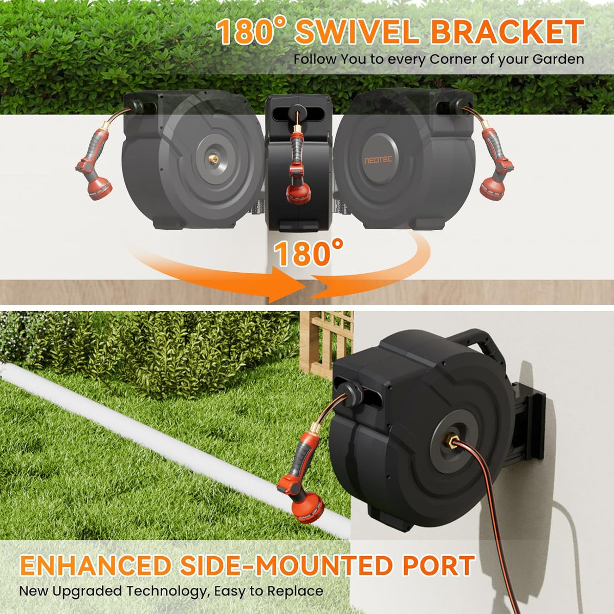 NEOTEC Retractable Garden Hose Reel 1/2 inch x 130ft - Wall Mounted Heavy Duty Hose Reel with 3/4 Inch Brass Fittings & 9-Pattern Nozzle - Auto Rewind System, Any Length Lock, 180° Swivel Bracket