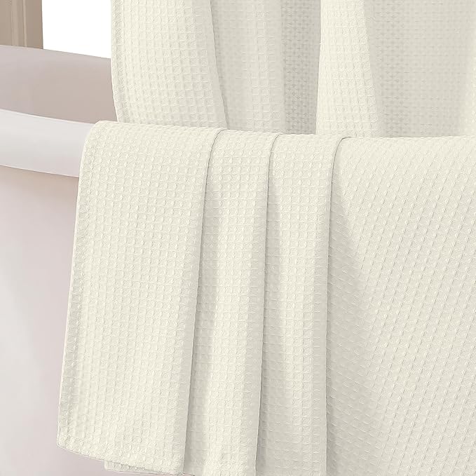 OVZME Extra Long Shower Curtain Set- 96 Inch Long Waffle Weave Heavy Duty Fabric Shower Curtains for Bathroom, Luxury Heavy Duty Thick Cloth Shower Curtain with 12 Plastic Hooks, 72x96, Cream