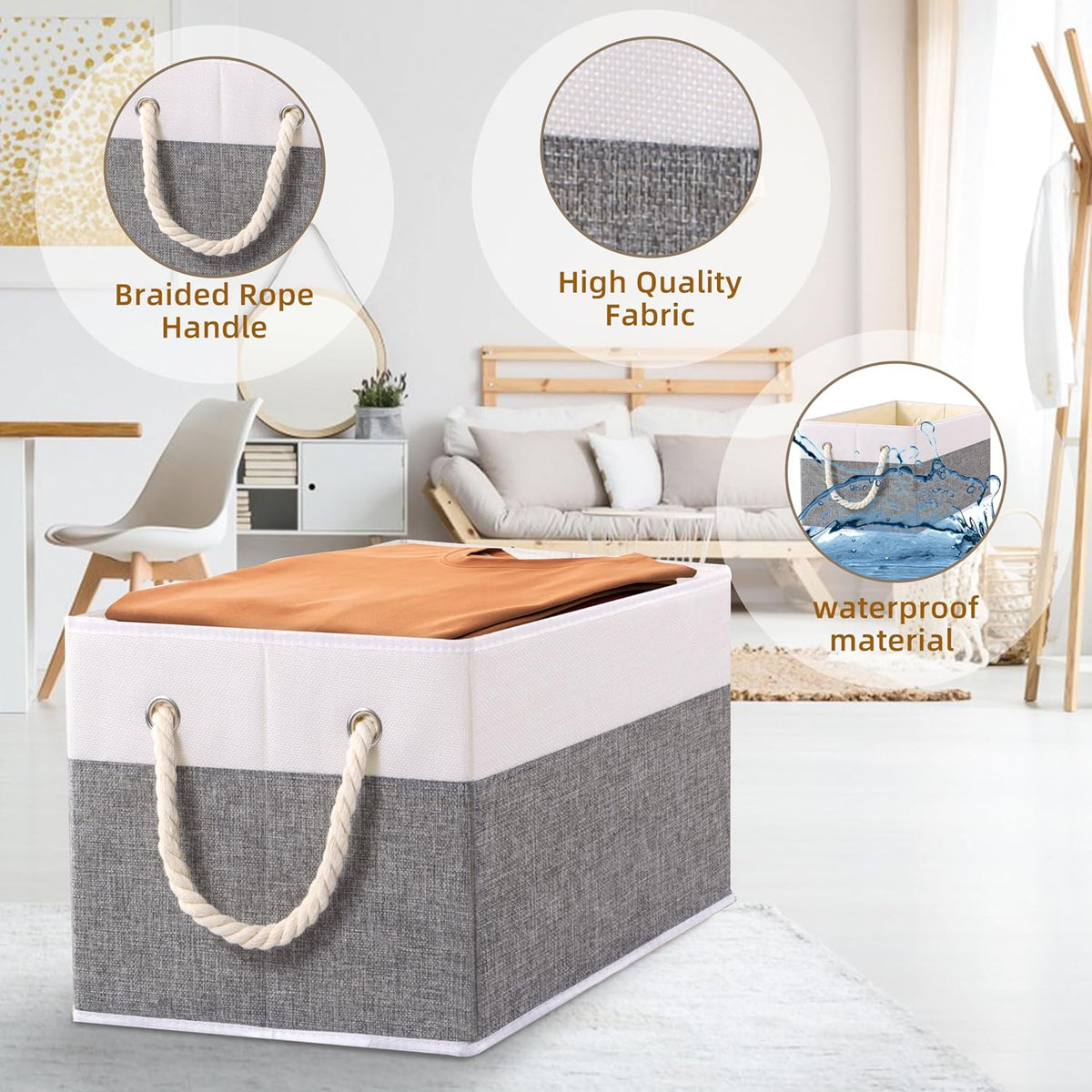 Yawinhe Foldable Storage Baskets for Shelves, Fabric Storage Cubes with Rope Handle, Closet Organizers for Clothes, 3-Pack, 14.96''Lx9.84''Wx8.26''H, White/Grey