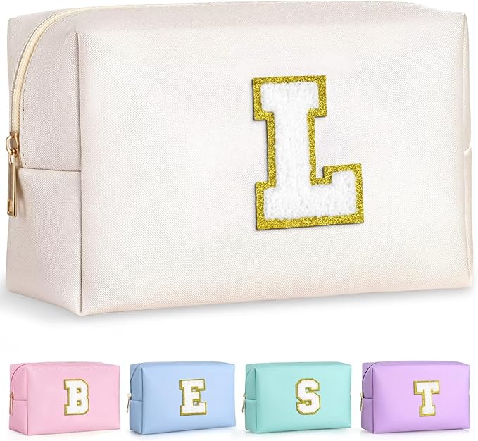 TOPEAST Personalized Birthday Gifts for Women, Preppy Patch Makeup Bag, Chenille Letter Pouch Cosmetic Bag, Travel Organizer, Gifts for Friends, Cute Stuff for Women (White L)
