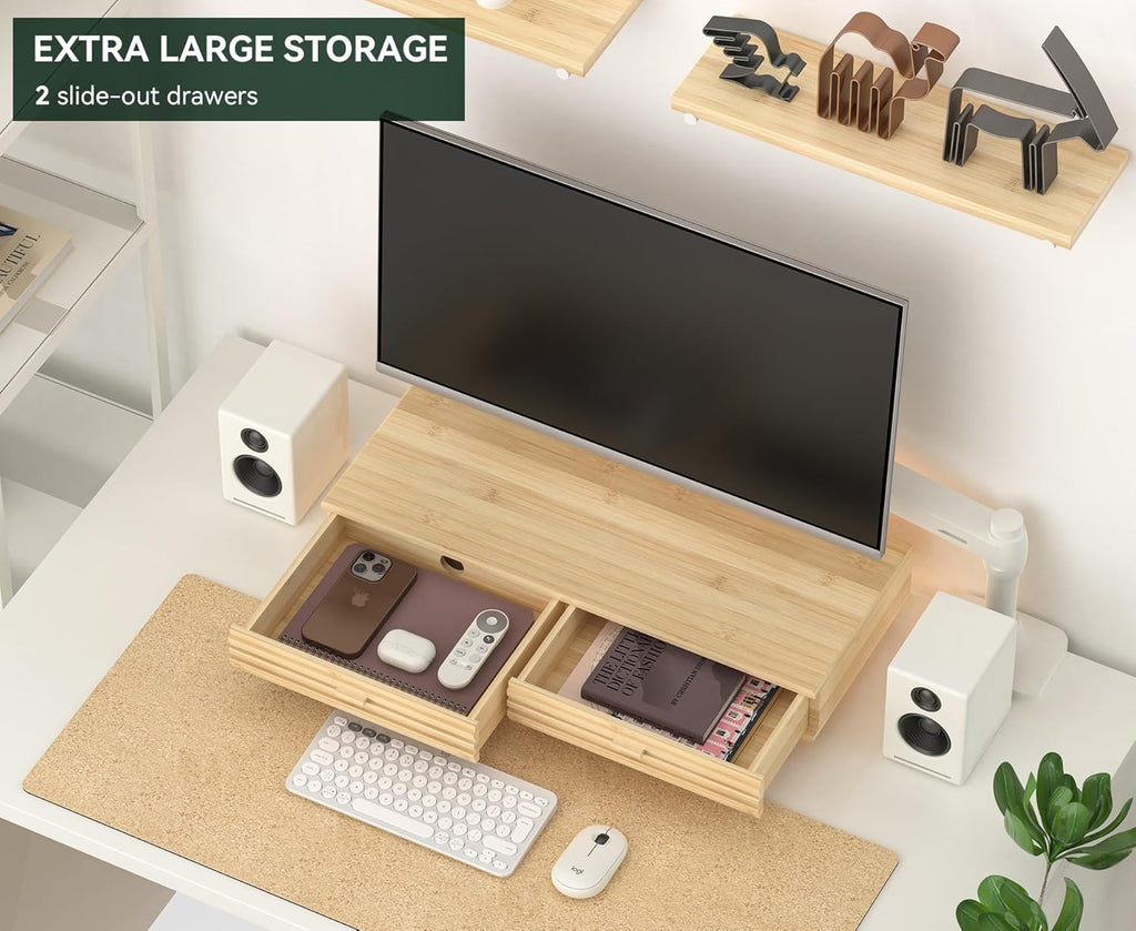 Bamboo Monitor Stand with Drawer - Desk Organizer with Cable Management & Storage, Ergonomic Laptop Riser for Home Office (220lbs Capacity, 24 inch ,Natural)