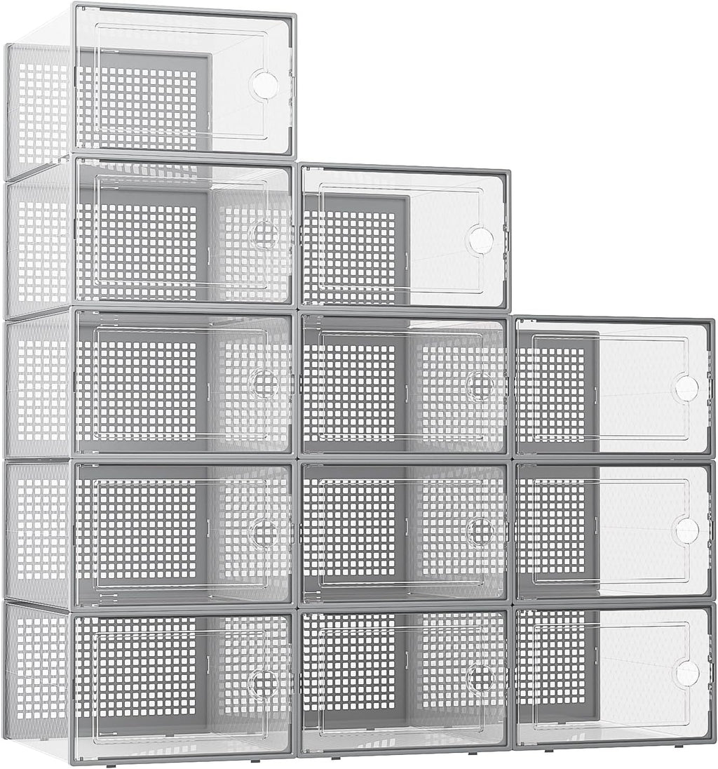 Kuject XX-Large Shoe Storage Boxes Organizers Clear Plastic Stackable 12 Pack, Shoe Rack & Holder Substitute, Sneaker Containers, Toy Storage Organizer Bins for Entryway, Closet, Under Bed, Grey