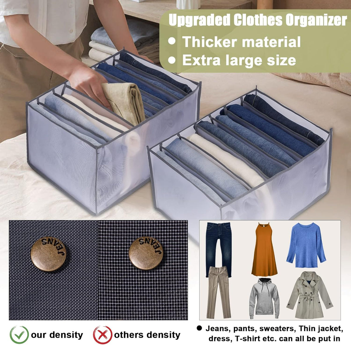 TOOVREN Upgraded Wardrobe Clothes Organizer 2PCS, Drawer Dividers for Clothes, Drawer Organizers for Clothing, Mesh Wardrobe Organizer for Jeans Pants Sweaters T-Shirts Underwear (Gray, Large 9 Grids)