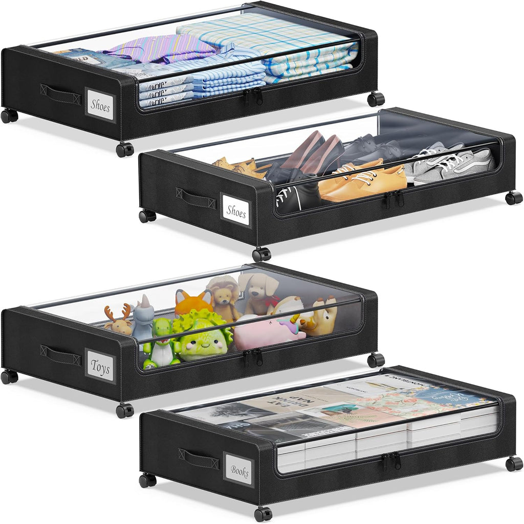 Under Bed Storage with Wheels, 4-Pack Under the Bed Storage Containers with Clear Lids & Label, Underbed Storage Bins, XXL 60L Rolling Metal Drawer for Clothes, Shoes, Toys, Books - Black