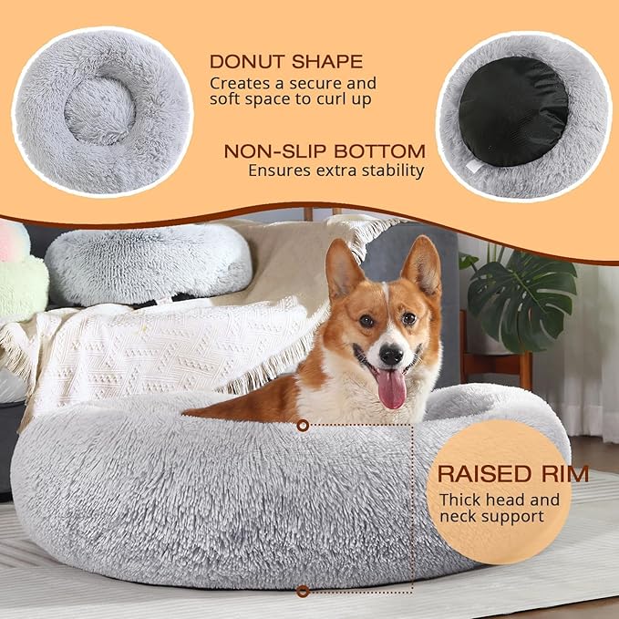 JOLLYVOGUE Dog Bed, Calming Anti-Anxiety Large Dog Bed, Fluffy Donut Cushion for Medium and Large Pets (27"/30"/36")