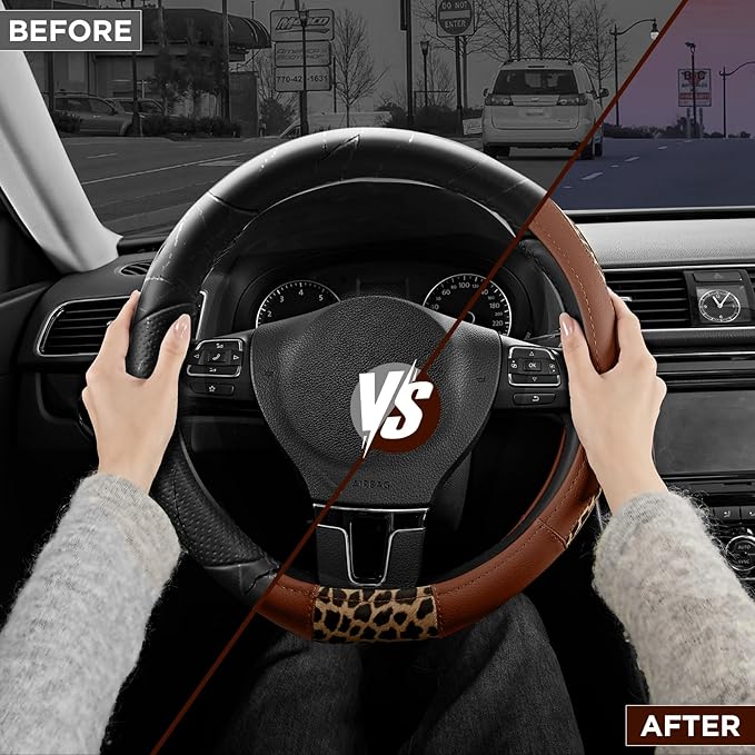Road Comforts D-Type Steering Wheel Cover - Made with PVC Leather and Leopard Fabric - Universal Fit for 15-Inch D-Shaped Automotive Steering Wheels (Brown Color)