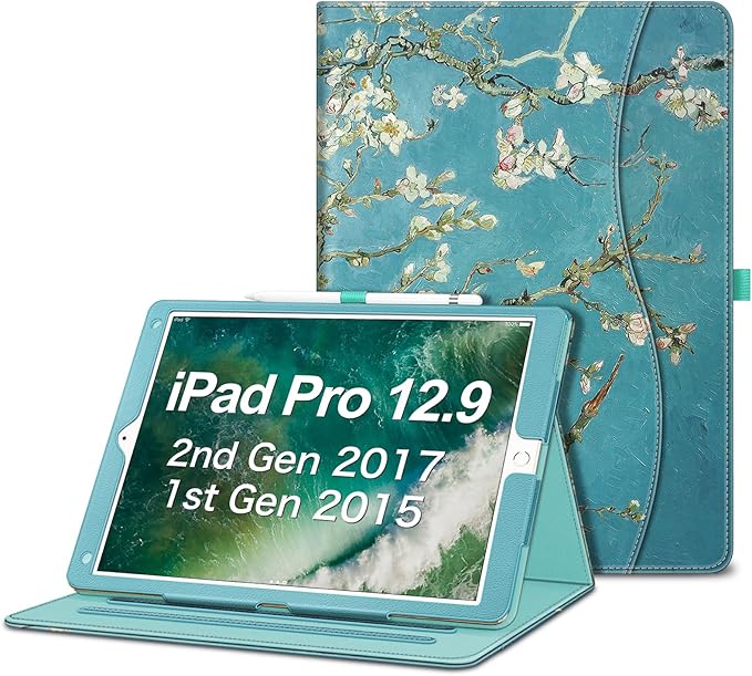 Fintie Multi-Angle Case, 2017/2015 iPad Pro 12.9 inch (Old Model) 1st & 2nd Gen Case - [Corner Protection] Folio Stand Cover with Pencil Holder & Pocket, Auto Wake/Sleep, Blossom