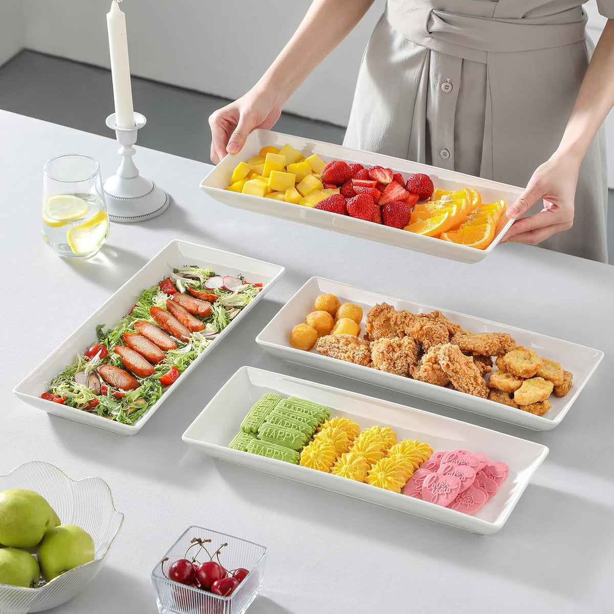 MALACASA Serving Platters Set of 4, Ceramic Serving Platters and Trays for Serving Food, Rectangular Serving Trays for Party, Large Serving Plates, Party Serving Trays and Platters - 14 Inch, White