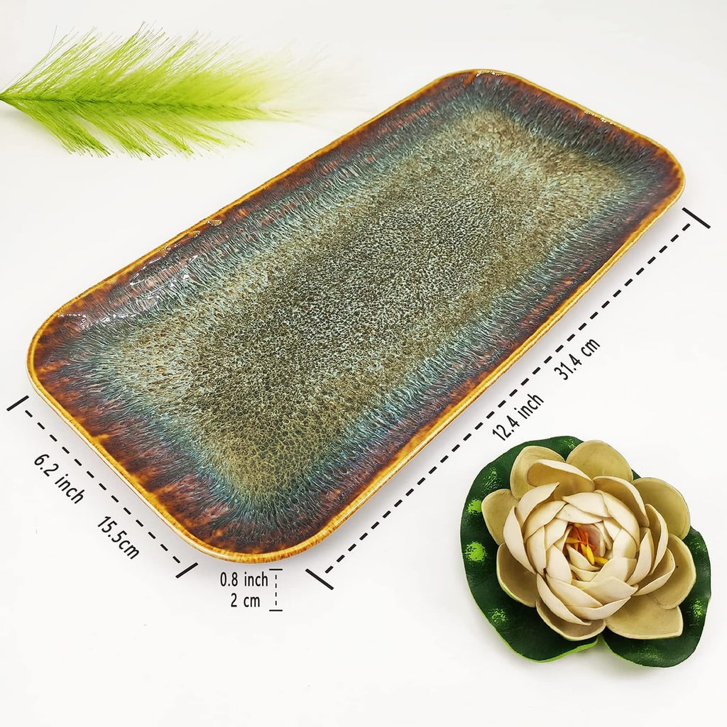 Ceramic Dinner Plates Dish Set, Set of 4, Microwave Oven and Dishwasher Safe,Scratch Resistant, Dinnerware Kitchen Porcelain Serving Dishes Brown glaze change, 12.4 Inch Rectangle plate