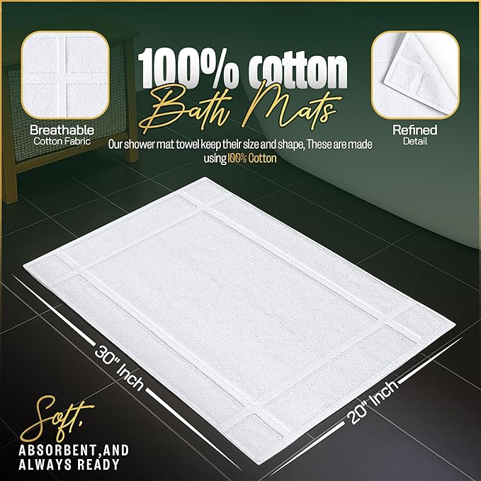 Pearl Linens Pack of 12 100% Cotton Bath Mat 20x30 inches, Soft & Absorbent Quick Dry Bathroom Mat Set, Not Bathroom Rugs, After Shower Mat, Bath Tub Mat, 687 GSM, Machine Washable, White