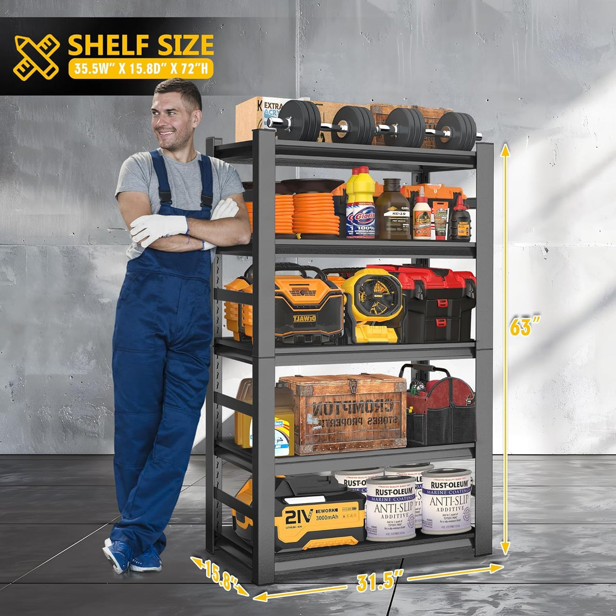 63" Heavy Duty Garage Shelving, 5-Tier Adjustable Storage Shelf, 2000lbs Capacity for Kitchen Garage Warehouse Organization