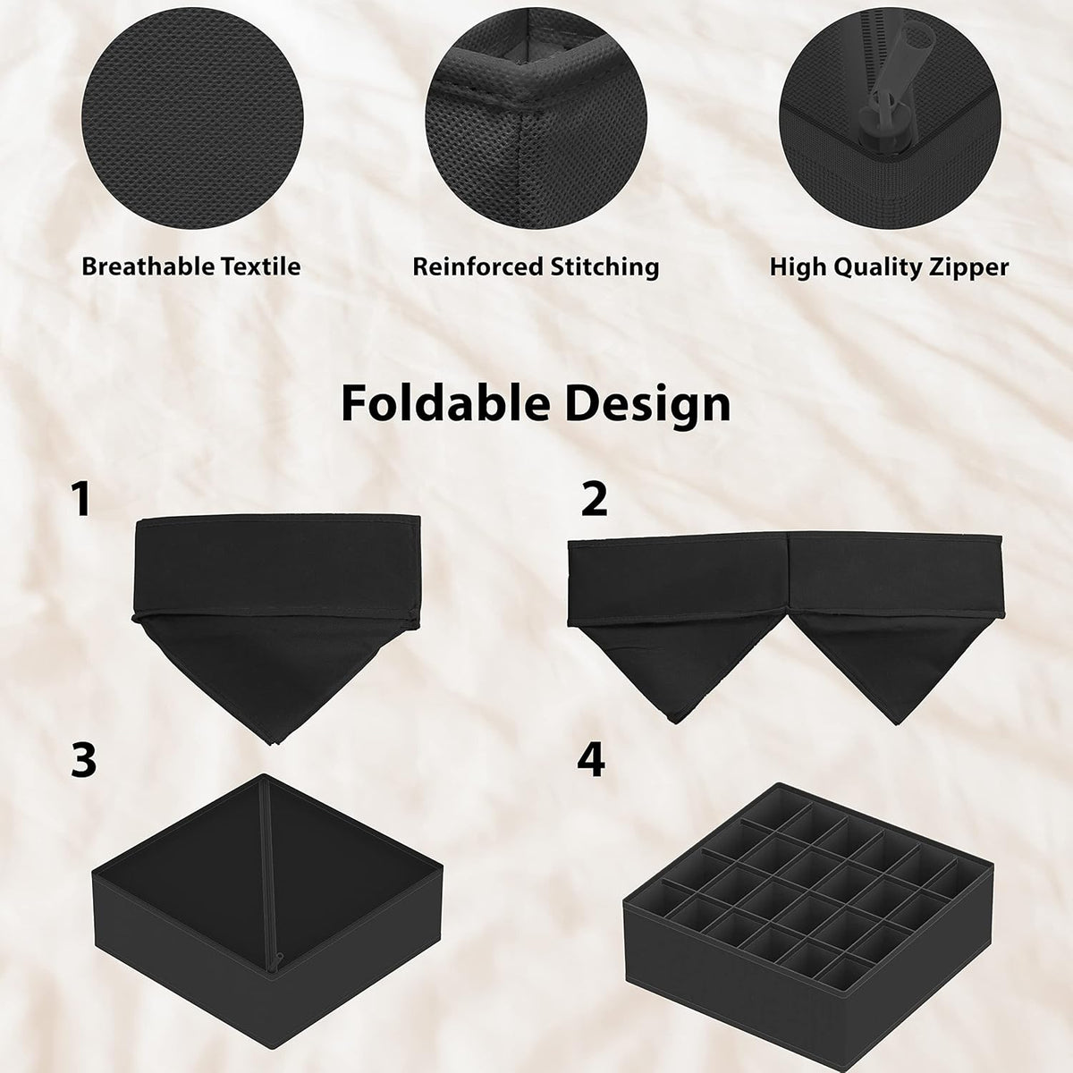 Simple Houseware 4-Pack Drawer Organizer Set - Closet Dividers for Underwear, Socks, Bras, Scarves, Ties - Foldable Non-Woven Storage Boxes, Dark Gray